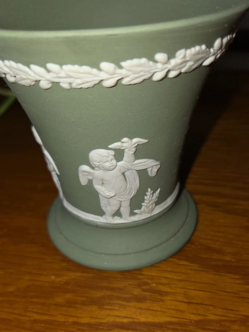 Vtg Wedgwood Green Jasperware Vase with White Classical Relief